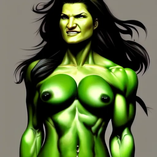 Prompt: beautiful Gina Carano skinny She Hulk green skin, middle shot, portrait, highly detailed, digital painting, artstation, concept art, smooth, sharp focus, illustration