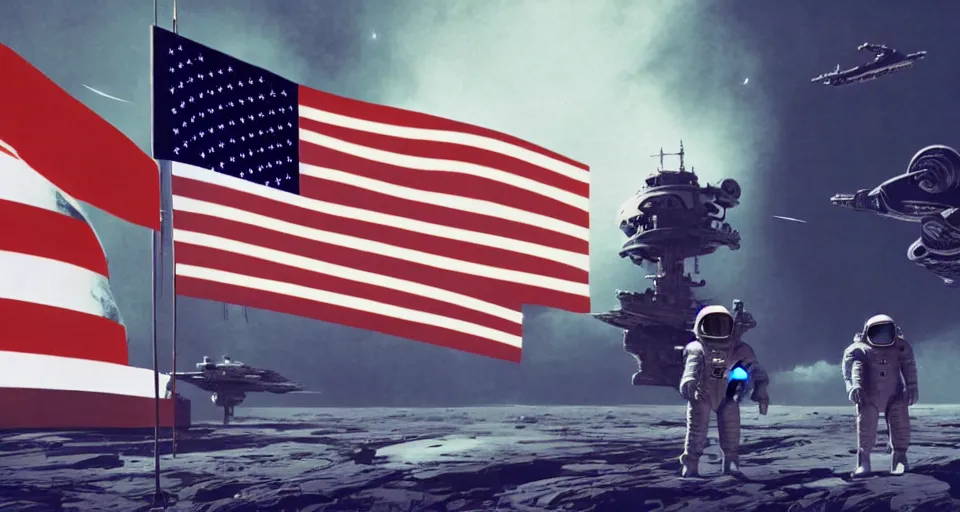 Image similar to space war between china and usa, desaturated, moebius, china flag, usa flag, complementing colors, maschinen krieger, beeple, film, atmospheric perspective