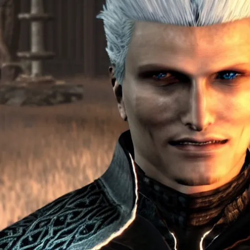 Image similar to Close-up screenshot of Vergil from Devil May Cry in Skyrim