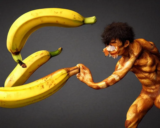 Image similar to A banana peeling a human, in the style of Kentaro Miura, hyper detailed, long shot, unreal engine