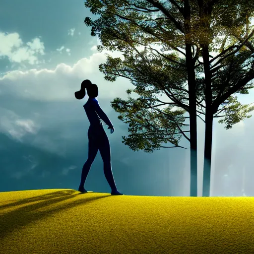 Image similar to silhouette profile of woman with flowing hair overlooking an expansive green hillside while leaves and a blue-yellow sky beam, extremely moody lighting, glowing light and shadow, atmospheric,, complex,symmetrical , 3-point perspective, high resolution, PBR, path tracing, volumetric lighting, octane render, arnold render