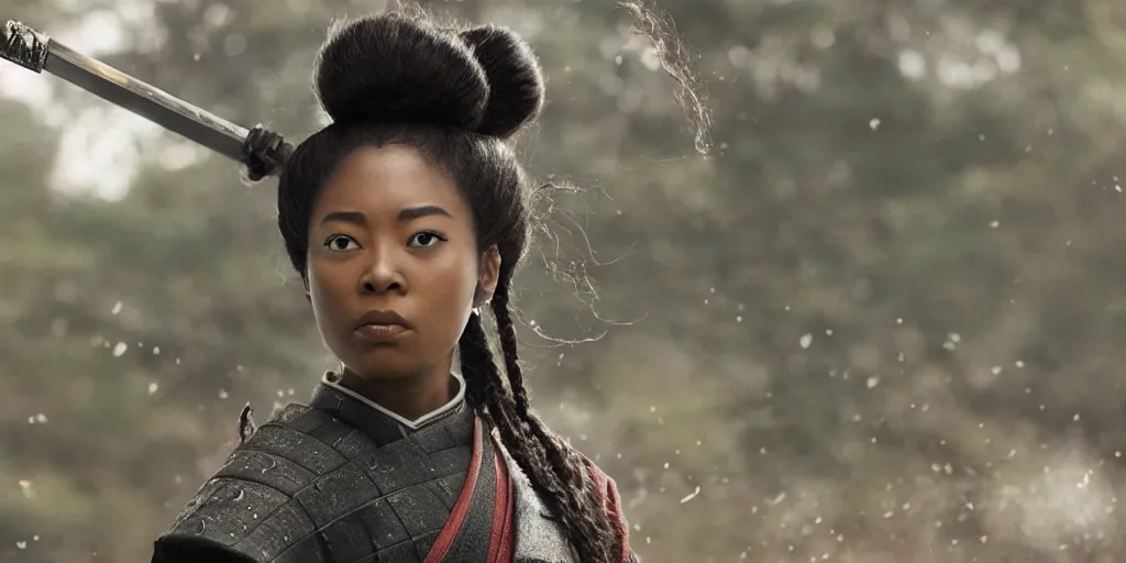 Prompt: a film still of a black woman starring in a japanese blockbuster film as ancient samurai, levitating mid air, intense, shallow depth of field, cinematic, award winning cgi, vfx, film still