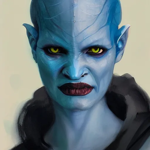 Image similar to portrait of a twi'lek woman by greg rutkowski, blue skin, pretty, she wears a band on her forehead, evil energy, wearing black robes, twisted smile, star wars expanded universe, he is about 3 0 years old, highly detailed portrait, digital painting, artstation, concept art, smooth, sharp foccus ilustration, artstation hq