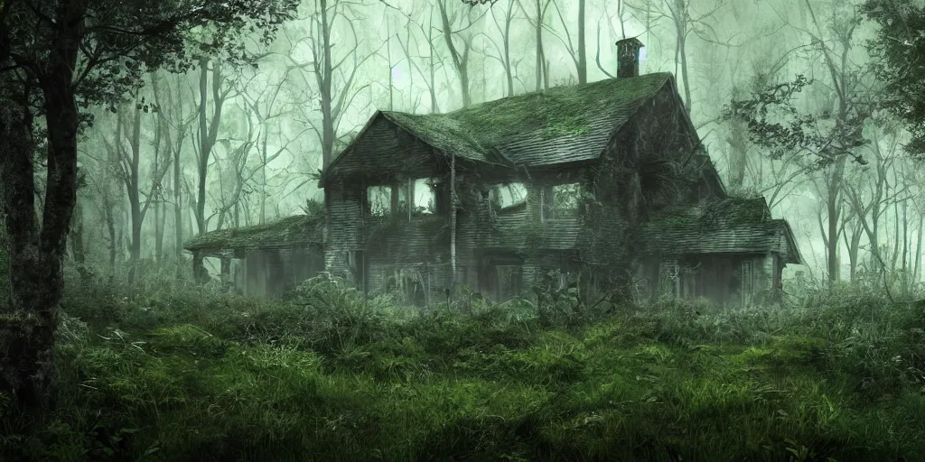 Image similar to photorealistic, ruined english bungalow, overgrown vegetation, in the forest, apocalypse, night, fog, shadowy creatures lurking in foliage, hyperrealistic, grimdark, artstation