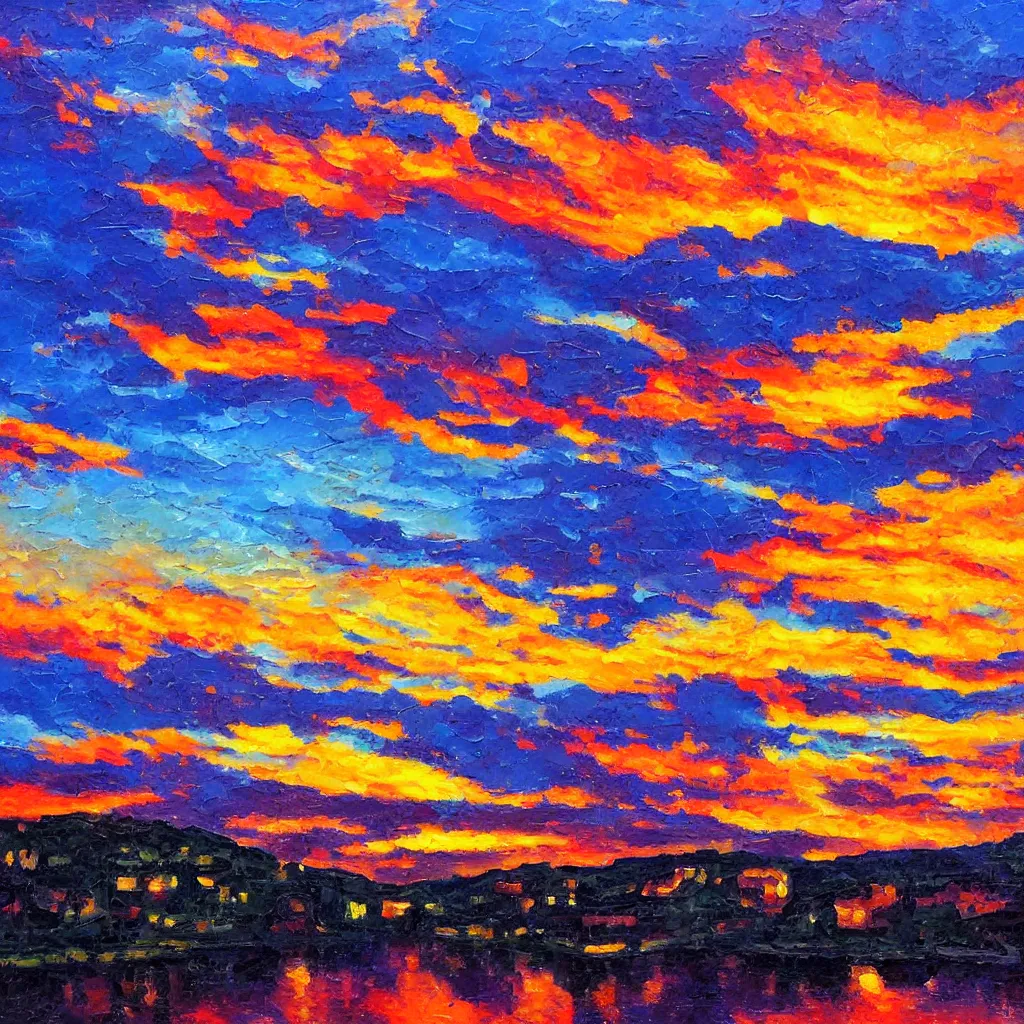 Image similar to an impasto oil painting of a stunning, colorful sunset over ratisbona painted by ken hong leung
