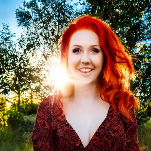 Image similar to portrait of a beautiful woman with red hair, green eyes, wearing a sundress, smiling at the camera, 4 k, sunrise lighting