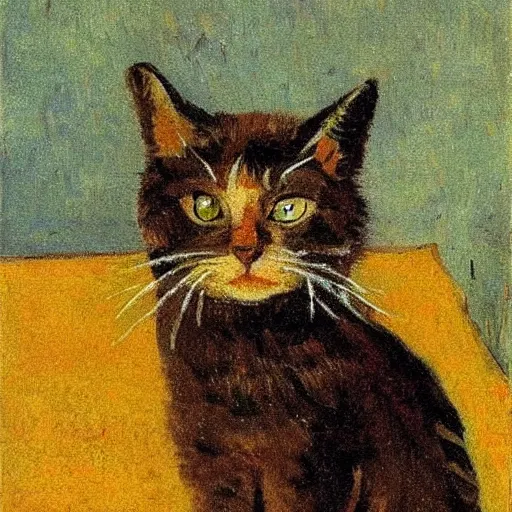 Prompt: a cute cat in a duffle coat, impressionist painting, painted by Van Gogh