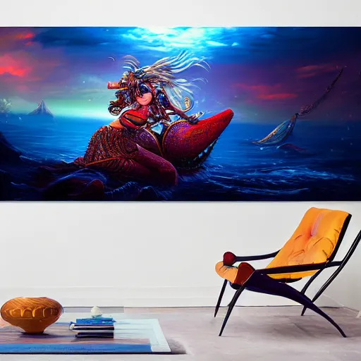 Prompt: warrior sea goddess full frame battling leviathan, beautiful composition, wide angle, colorful, cinematic, volumetric lighting, intricate details painting