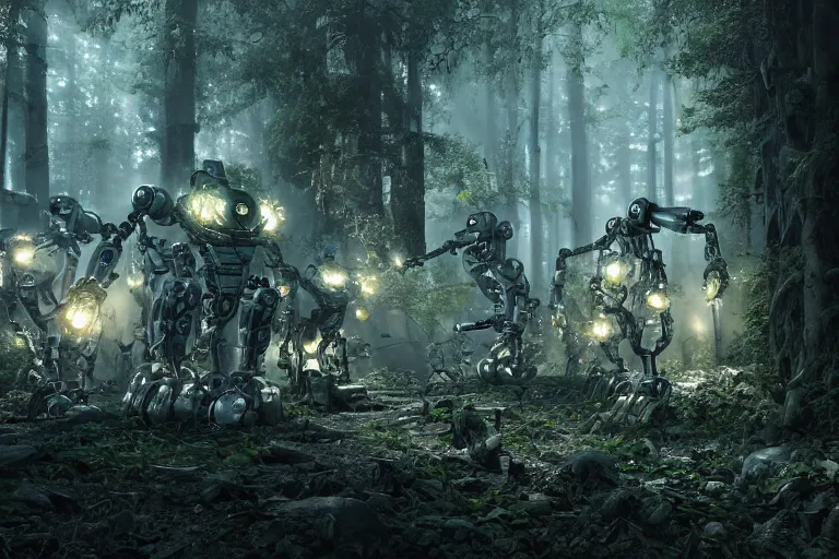 Prompt: 1 0 0 0 0 robots fighting in the forest, hyper realistic, ambient lighting, concept art, intricate, hyper detailed, smooth, dynamic volumetric lighting, octane, raytrace, cinematic, high quality, high resolution, 4 k, h. r. giger