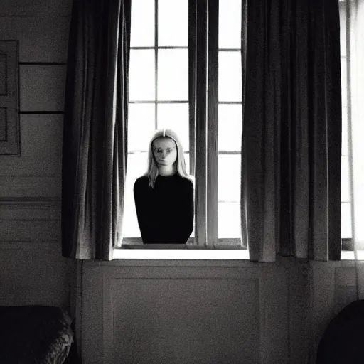 Prompt: Elle Fanning looking out the window of her hotel bedroom, dark, occult, rainy night, somber lighting, by Edward Hopper