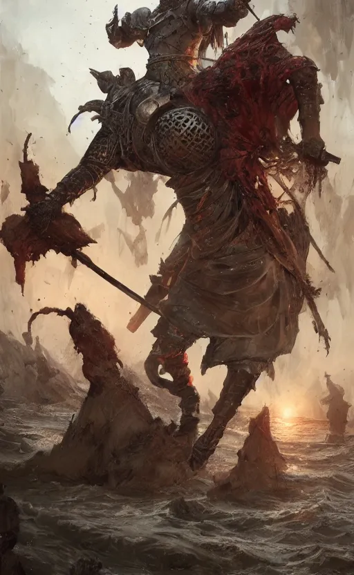 Prompt: medieval knight cutting in half pirate body on bloody shore, front game card, drark, marvel comics, dark, intricate, highly detailed, smooth, artstation, digital illustration by ruan jia and mandy jurgens and artgerm and wayne barlowe and greg rutkowski and zdislav beksinski