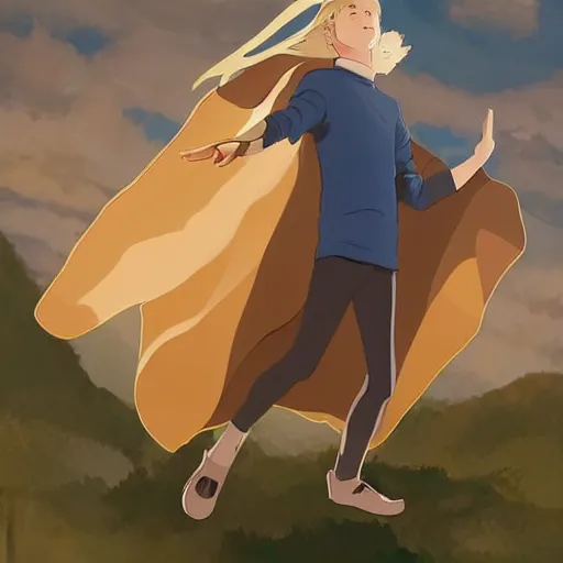 Image similar to blonde boy with golden eyes wearing a brown cape and flying in t pose, in the style of studio ghibli, artgerm