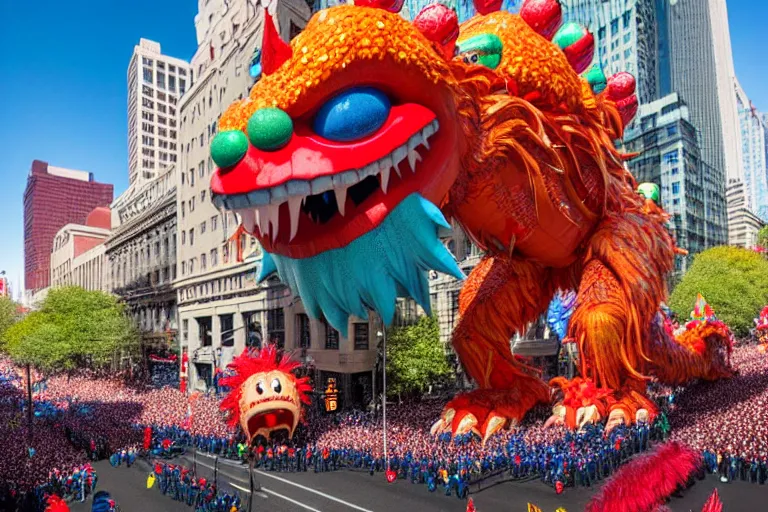 Image similar to photo of giant beautiful elaborate parade float monster designed by greg rutowski and geof darrow, in the macys parade, detailed 4 k photo, gigapixel, hyperdetailed