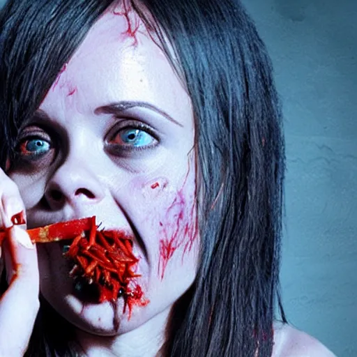 Image similar to zombie christina ricci eating a clove of garlic, art by beeple
