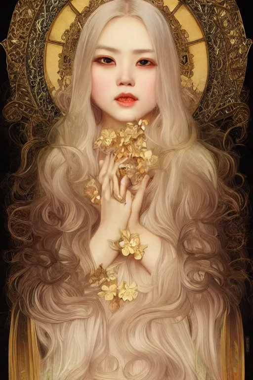 Image similar to beautiful asian girl, blonde hair, gold, god, white hair, 1 9 2 0 s fashion, fantasy, highly detailed, intricate, ethereal, highly detailed, sharp focus, artstation, digital painting, horror art, art by alphonse mucha, cedric peyravernay, tom bagshaw