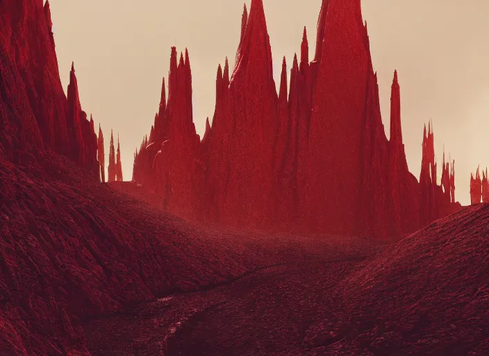 Image similar to dramatic hyperrealistic render of a gothic cathedral, made of red rock, tall spires, top of a canyon, atmospheric, moody, dark, cinematic, octane render, 8K