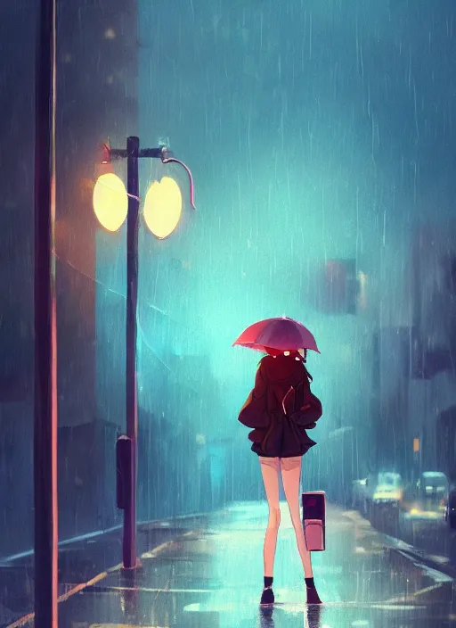 Image similar to listening to music at 2 am, pretty girl, pose, rain, lofi, lofi, peaceful, street light, anime key visual, poster, anime, by wlop, high quality, 4 k, trending, trending on artstation