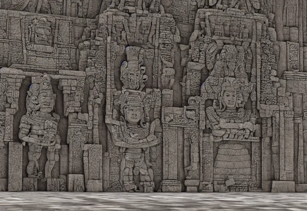 Prompt: a mayan temple interior with symmetric recogniseable giant face portrait of a mayan god-emperor in the center Carved in stone relief style behind an ancient altair of sacrafice. 3d render. Unreal engine 5. CGsociety, artstatio, deviantart. Realistic. Well Detailed. Torch light. Omnious, intricate. By luminokaya inspired by H.r. giger painting influenced by alien reliefs