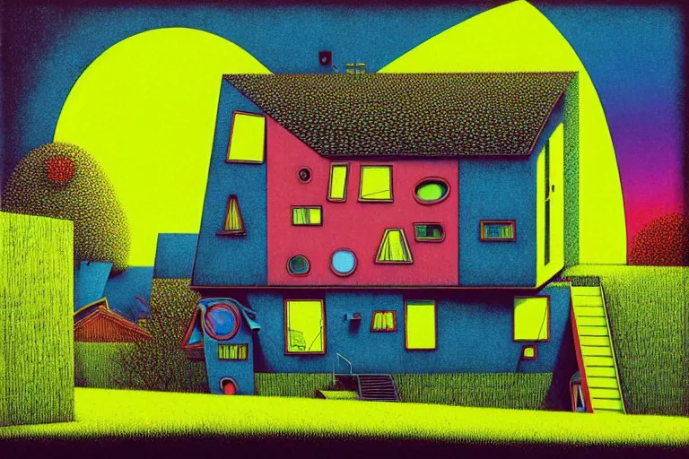 Image similar to surreal glimpse into other universe, house by bauhaus architect, summer morning, very coherent and colorful high contrast, art by!!!! gediminas pranckevicius!!!!, geof darrow, floralpunk screen printing woodblock, dark shadows, hard lighting, stipple brush technique,