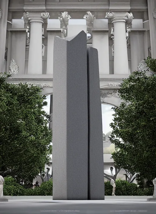 Image similar to highly detailed realistic architecture 3 d render of a futurisctic stele made from silver coins standing in a city park, archdaily, made in unreal engine 4 octane render