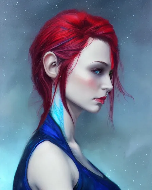 Image similar to A detailed matte oil on canvas head on symmetrical portrait of a beautiful distinguished elven woman with split red and blue hair on an empty background, by Charlie bowater, Wlop, trending on artstationhd, dungeons and dragons art, parted hair , half blue, half red , split dye, critical role