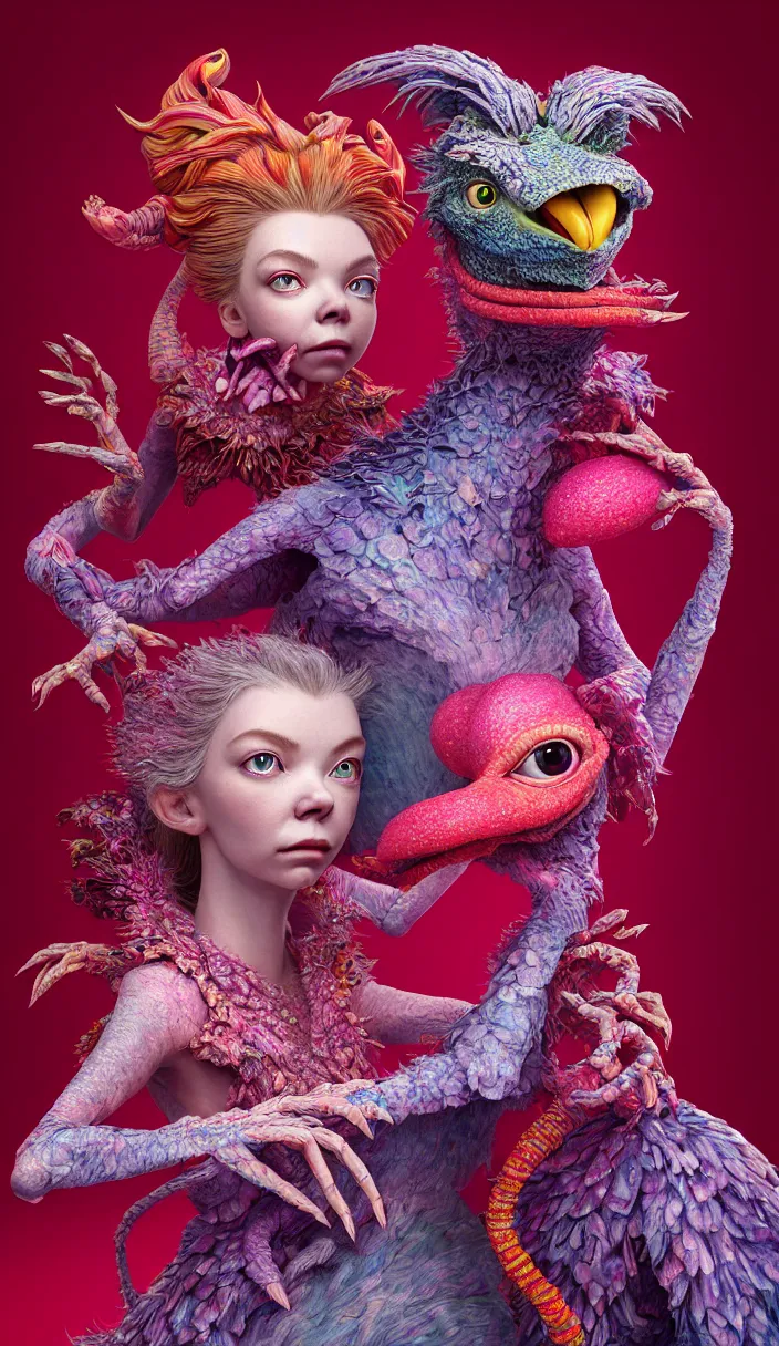 Image similar to hyper detailed 3d render like a Oil painting - kawaii portrait of two Aurora (a beautiful skeksis muppet fae queen protector from dark crystal that looks like Anya Taylor-Joy) seen red carpet photoshoot in UVIVF posing in scaly dress to Eat of the Strangling network of yellowcake aerochrome and milky Fruit and His delicate Hands hold of gossamer polyp blossoms bring iridescent fungal flowers whose spores black the foolish stars by Jacek Yerka, Ilya Kuvshinov, Mariusz Lewandowski, Houdini algorithmic generative render, Abstract brush strokes, Masterpiece, Edward Hopper and James Gilleard, Zdzislaw Beksinski, Mark Ryden, Wolfgang Lettl, hints of Yayoi Kasuma and Dr. Seuss, octane render, 8k