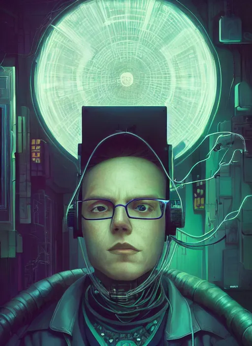 Image similar to highly detailed surreal vfx portrait of a cyberpunk gloomy hacker, wires to the head, stephen bliss, unreal engine, greg rutkowski, loish, rhads, beeple, makoto shinkai and lois van baarle, ilya kuvshinov, rossdraws, tom bagshaw, alphonse mucha, global illumination, detailed and intricate environment