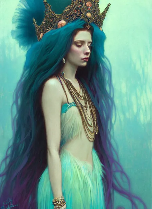 Image similar to ombre velvet gown, cyan, feathers, lovely bohemian princess, portrait, long hair, tiara, dozens of jeweled necklaces, feral languid woman, by greg rutkowski, brom, anato finnstark, alphonse mucha