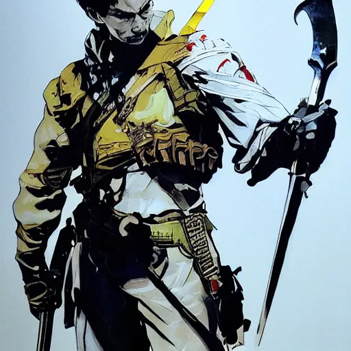 Image similar to portrait of a hero holding his sword in front of his face by yoji shinkawa, high quality, extra details, realism, ornate, colored, golden chain, blood, white skin, short hair, brown eyes, vivid, sunlight, dynamic, american man, freedom, white american soldier, painting, half and half, half painted half black and white