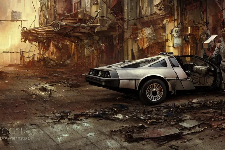 Prompt: photograph of the terminator stepping out of a delorean parked down the streets of a cyberpunk abandoned city, doors are open, by greg rutkowski, by stanley artgerm, by alphonse mucha