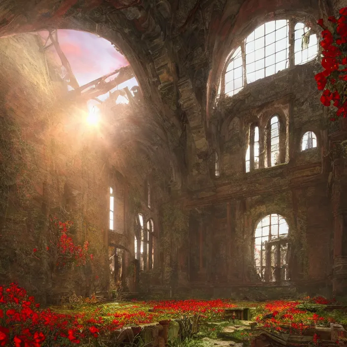 Prompt: a interior photo of a ruined church with a lot of red flowers growing inside at sunset, godrays, complementary colours, concept art, DeviantArt, Ferdinand Knab, beautiful, 8K,highly detailed, high quality spacious view in unreal engine rendering, CGSociety