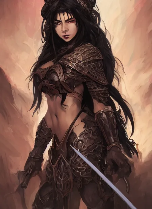 Image similar to beautiful warrior lady, black long hair, practical armor, brown skin, demonic eyes, low fantasy, extremely detailed, sharp focus, smooth, digital illustration, by rossdraws, frank franzzeta, sakimichan