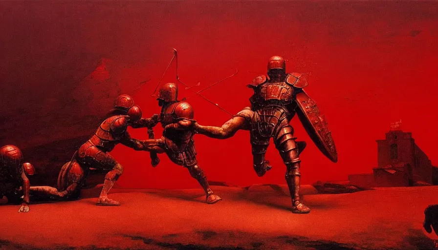 Image similar to only with red, an armored gladiator in a crowded roman amphitheatre, crowd cheering, in the style of beksinski and edward hopper and rodcenko and yue minjun and rolf armstrong, intricate and epic composition, red by caravaggio, highly detailed, masterpiece, red light, artstation