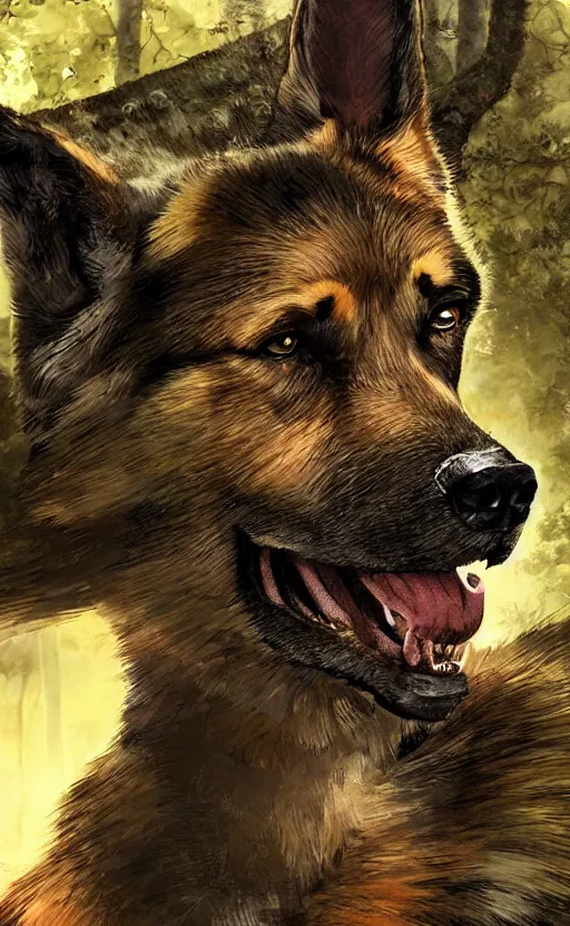 Image similar to close up character portrait icon of the german shepard beast - man military uniform head animal person wearing clothes standing in the bright forest, hidari, color page, tankoban, 4 k, tone mapping, akihiko yoshida