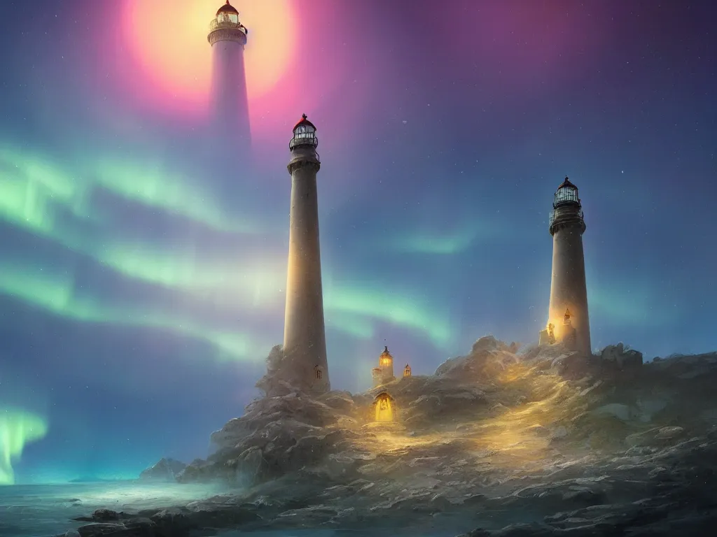 Prompt: a detailed illustration of an ethereal fantasy landscape featuring an ornate lighthouse tower in the middle of a castle by the ocean, a monk looking up at the towering structure from a distant rock, aurora borealis, by alyn spiller, 4K, trending in artstation, wide angle