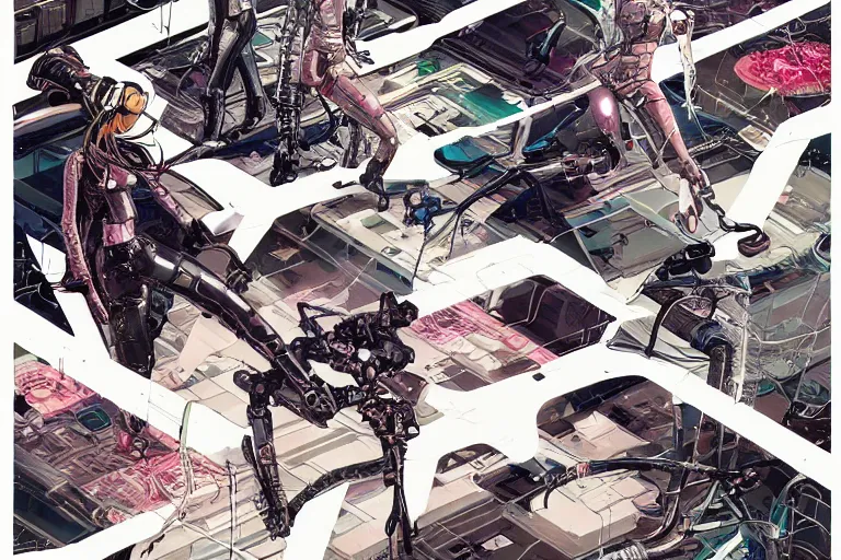 Image similar to a cyberpunk illustration of a group of four female androids in style of masamune shirow, lying scattered across an empty, white floor with their bodies rotated in different poses and cables and wires coming out, by yukito kishiro and katsuhiro otomo, hyper-detailed, intricate