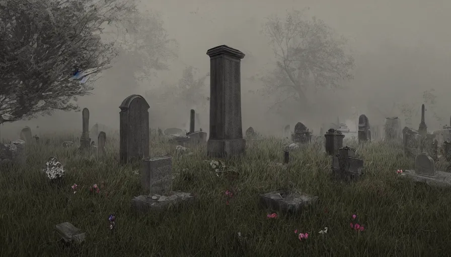 Image similar to Lonely grave in an old cemetery abandoned for centuries, grey sky, light fog, wilted flowers, hyperdetailed, artstation, cgsociety, 8k