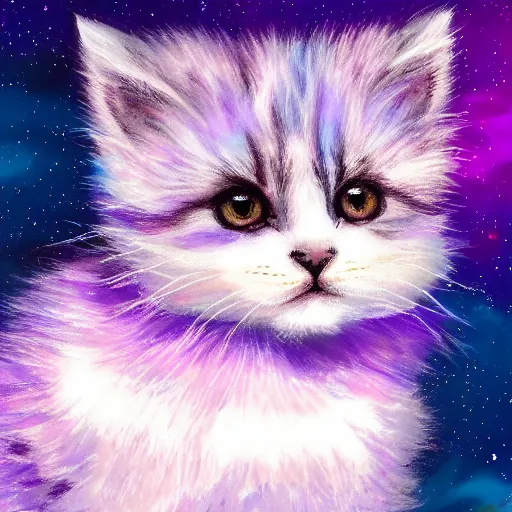 Image similar to cute fluffy kitten with purple cyan and white tabby fur and big eyes with night sky background detailed painting 4k