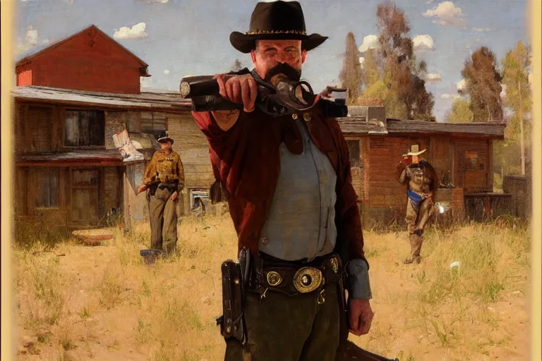 Prompt: Sheriff's office at wild west portrait of sheriff man standing outside hands on gun belt, sunny day, digital art by Nerdrum John, William Waterhouse, Winslow Homer, Alex Heywood, Jordan Grimmer, Darren Quach, Greg Rutkowski, Simon Stalenhag, trending on Artstation, CGSociety