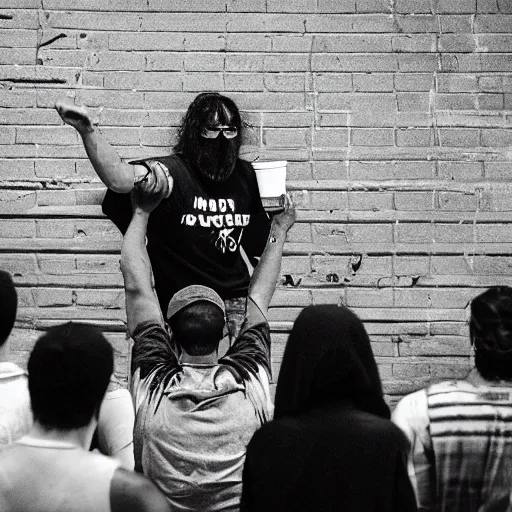 Image similar to Blistered cups of coffee are being handed out by a stringy-haired, sweaty man who is wearing an I.V. drip in his arm and a cigarette between his lips. A few people clamber up onto the stage to sit on the rickety chairs that have been set out for them; others stand along the wall or lean against the cracked concrete pillars. The only ones sitting down are those with crutches or canes—they've brought their own seats.