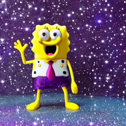 Prompt: Sponge Bob with silver-violet hair, white eyes and golden glittery dress, wide lens, diorama, 4k,