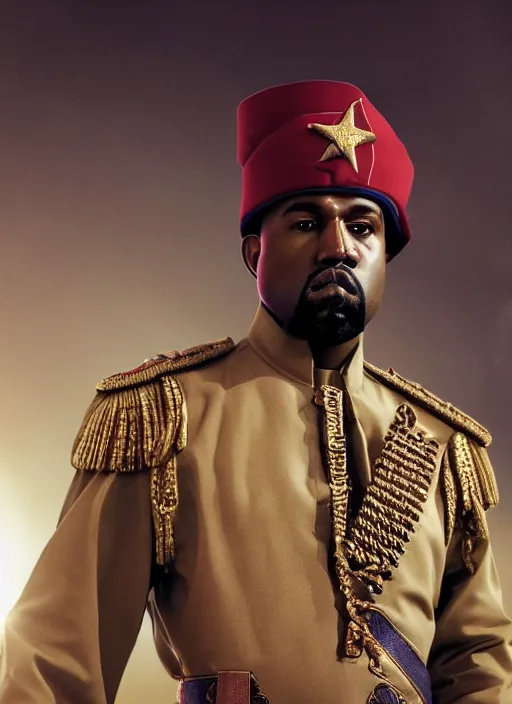 Image similar to kanye west as muammar kadhafi and emperor napoleon, splash art, movie still, detailed face, cinematic lighting, dramatic, octane render, long lens, shallow depth of field, bokeh, anamorphic lens flare, 8 k, hyper detailed, 3 5 mm film grain