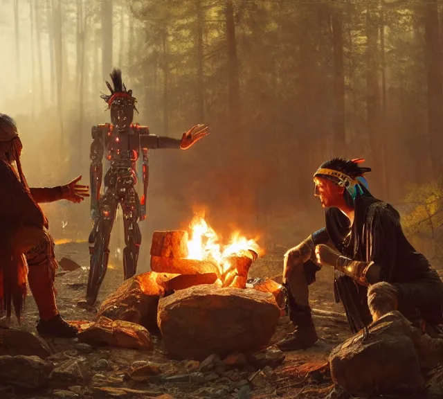 Image similar to a cybernetic man from the future is shaking hands with a native american man in traditional headress, lighting from a campfire in, mutual respect, by greg rutkowski, by ilya repin, extreme detail, 8 k, wide shot