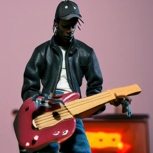 Image similar to Travis Scott playing guitar, as a figurine, studio, light, trending on artstation, 8K,