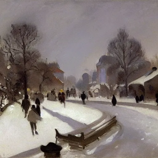 Image similar to A painting of a village during a snow storm, streets, pedestrians, John Singer Sargent, Camille Pissarro