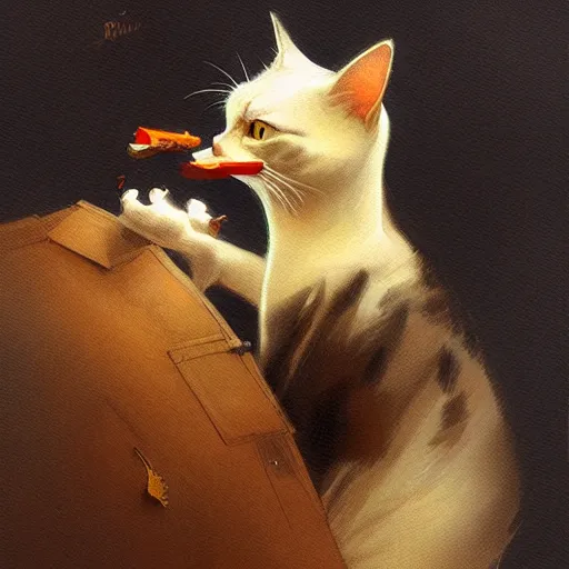 Image similar to cat eating a duck head, highly detailed, digital painting, artstation, concept art, sharp focus, illustration, art by greg rutkowski and alphonse mucha