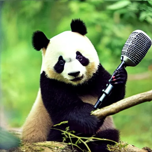 Image similar to a panda singing into a microphone, dramatic, beautiful, kodachrome film