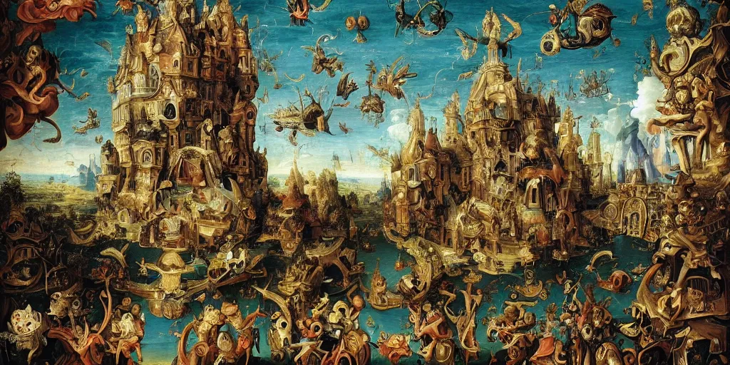 Image similar to beautiful!!! ornate heavenly!!! black!! rococo megastructure in the style of heironymus bosch, colorful intricate masterpiece, hyper detailed, hd