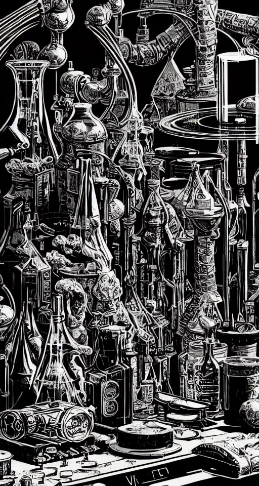 Image similar to ancient alchemist wizards laboratory, high details, lineart, by vincent di fate, inking, 3 color screen print, masterpiece, trending on artstation, sharp, high contrast, hyper - detailed, hd, 4 k, 8 k