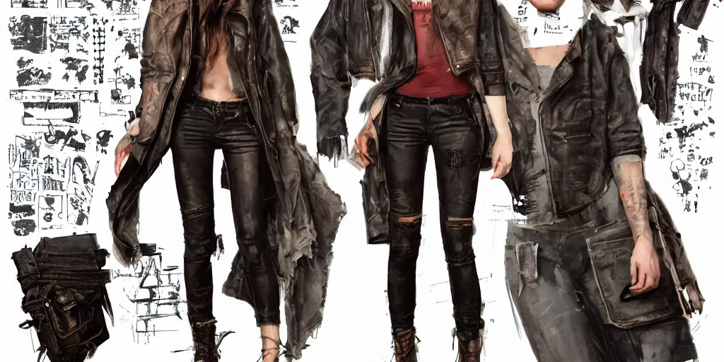 Prompt: full body portrait halston sage as a tattooed wanderer, wearing scratched and ripped short leather jeans, wearing an aviator jacket, character sheet, fine details, props, concept design, contrast, kim jung gi, greg rutkowski, trending on artstation, 8 k, full body, turnaround, front, back, ultra wide angle